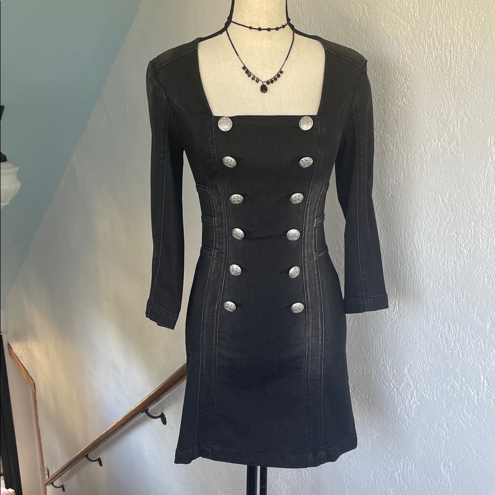 Bebe Stretch Denim Black Faded Military Style Double-Breasted Buttons Dress 2
